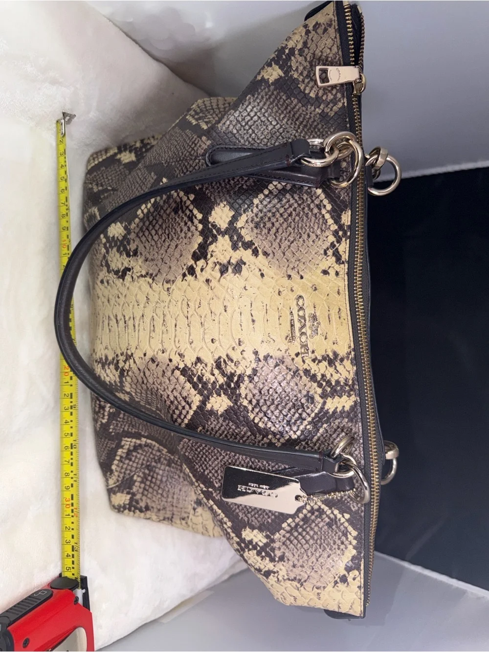 Coach Snake Print Satchel Handbag Brown Tan Leather Trim Gold Hardware